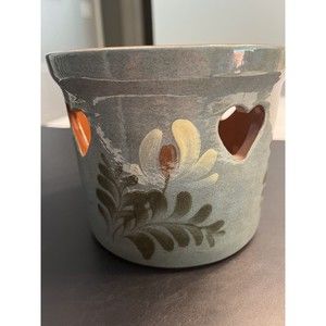 New Eldreth Redware Pottery Crock Planter Teal Floral w Heart Shape Cutouts